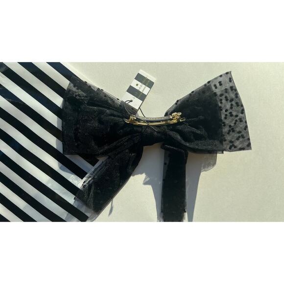 RARE Lele Sadoughi Black Sheer Bow Barrette Gold Charm Logo - Picture 6 of 8
